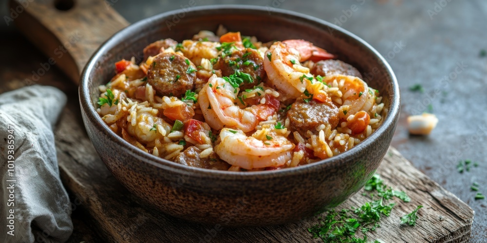 Hearty Jambalaya with Shrimp, Sausage, and Rice Served in a Bowl on a Rustic Table Hearty Jambalaya with Shrimp, Sausage, and Rice Served in a Bowl on a Rustic Table