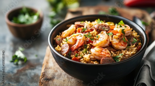 Hearty Jambalaya with Shrimp, Sausage, and Rice Served in a Bowl on a Rustic Table photo