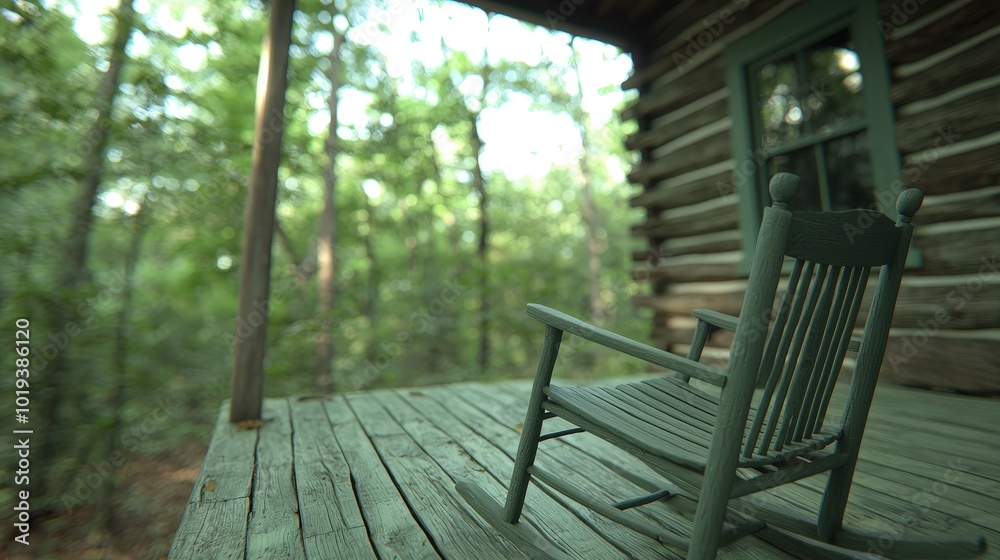 Rustic Rocking Chair on Cabin Porch with Forest View Rustic Rocking Chair on Cabin Porch with Forest View