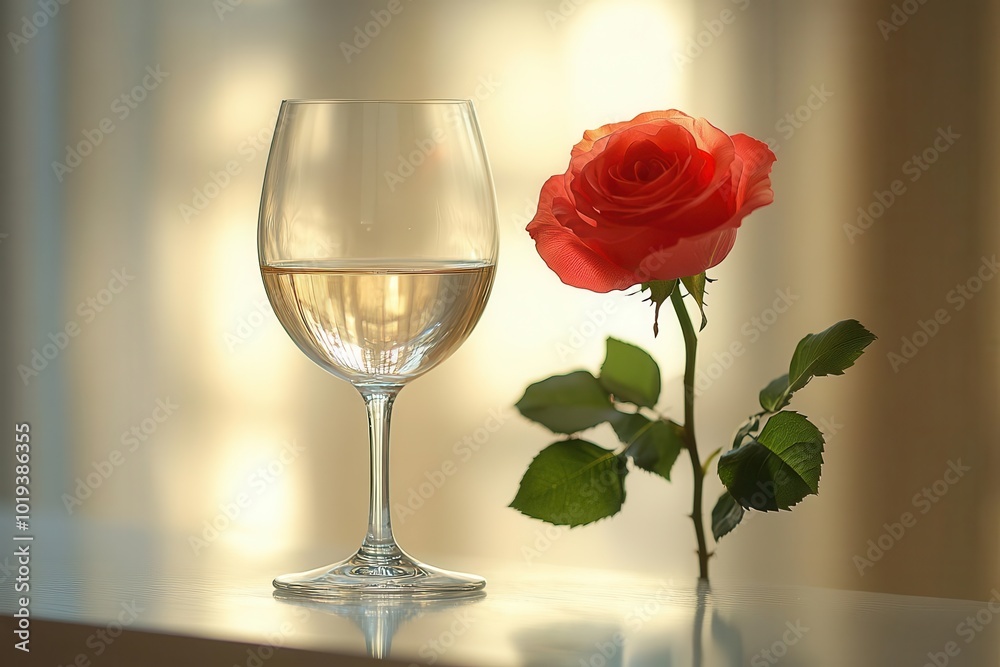 romantic still life of crystal wine glass with single red rose soft diffused lighting creates intimate ambiance subtle reflections add depth romantic still life of crystal wine glass with single red rose soft diffused lighting creates intimate ambiance subtle reflections add depth