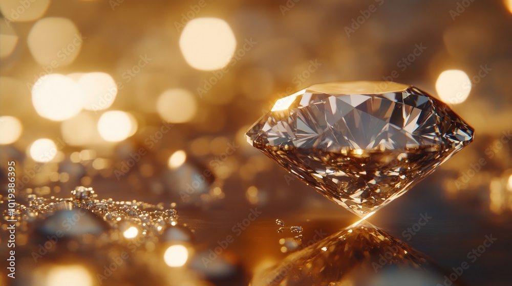 A sparkling diamond resting on a reflective surface, surrounded by soft, glowing lights. A sparkling diamond resting on a reflective surface, surrounded by soft, glowing lights.