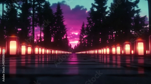 A path lined with glowing lanterns leading to a pink sunset through a forest.