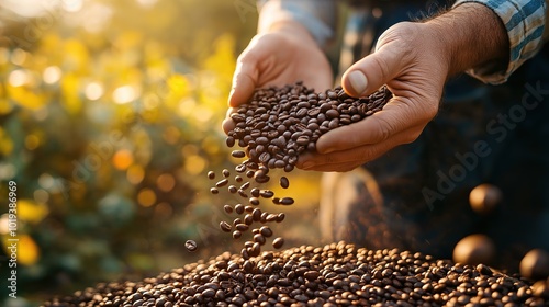 Coffee trees on plantation. The best selected coffee beans are still fresh and ready to be harvested.