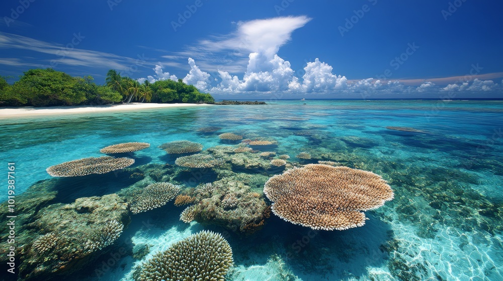 Naklejka premium Tropical Island with Clear Water and Underwater Coral Reefs