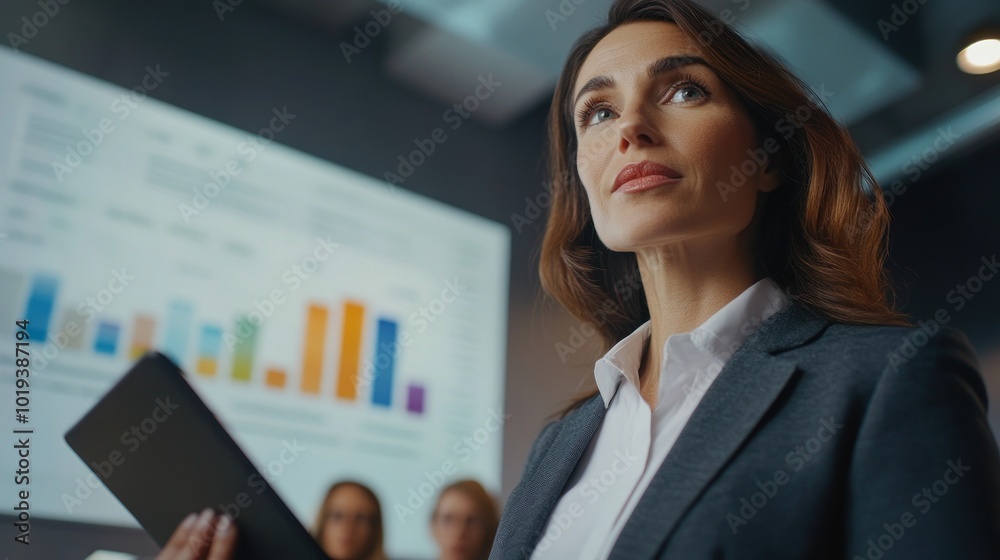A professional woman presents data in a meeting, showcasing graphs and charts behind her. A professional woman presents data in a meeting, showcasing graphs and charts behind her.