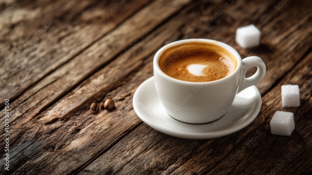 Shot of Italian Espresso Served in a Small Cup with a Sugar Cube on the Side on a Wooden Table Shot of Italian Espresso Served in a Small Cup with a Sugar Cube on the Side on a Wooden Table