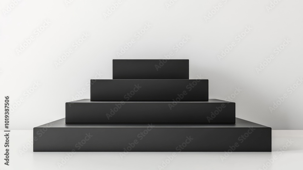 Black Rectangular Platform with Four Levels Against White Background Black Rectangular Platform with Four Levels Against White Background