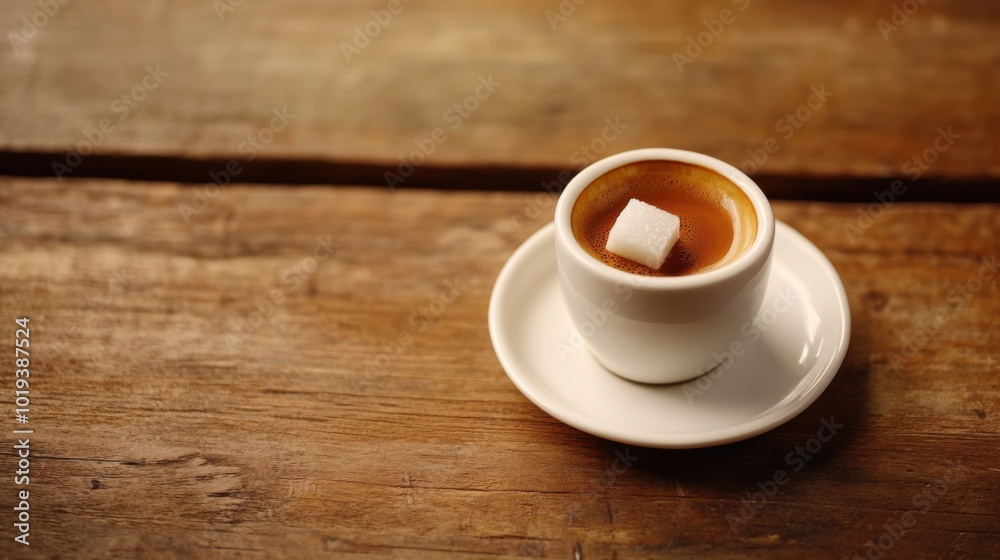 Shot of Italian Espresso Served in a Small Cup with a Sugar Cube on the Side on a Wooden Table Shot of Italian Espresso Served in a Small Cup with a Sugar Cube on the Side on a Wooden Table