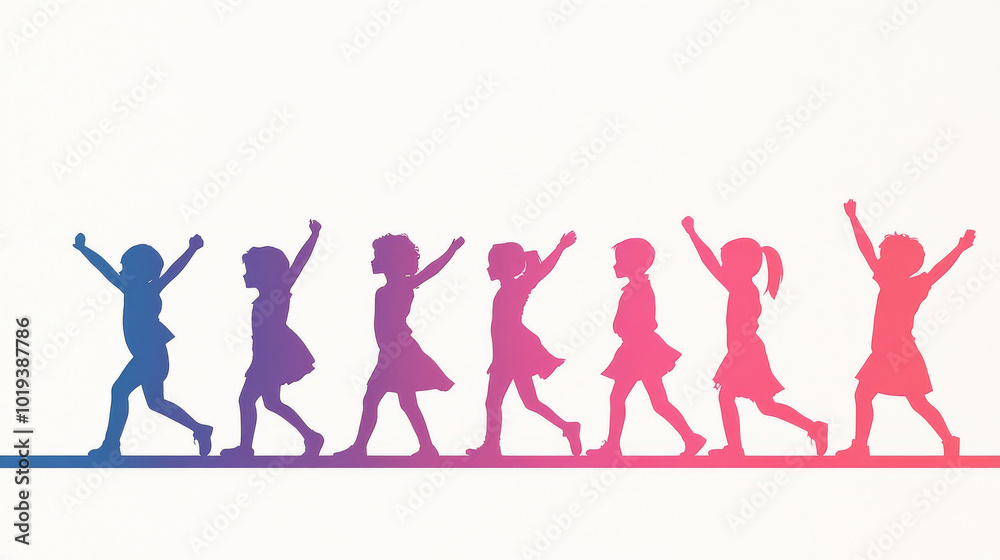 Fototapeta premium Silhouettes of children walking in a line, arms raised in the air.
