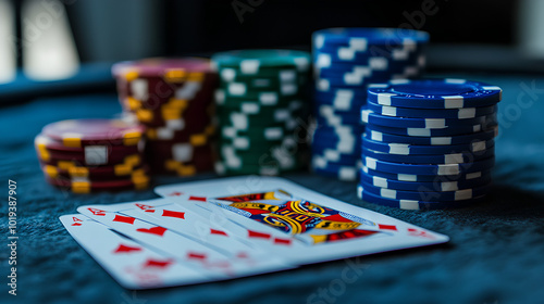 A close-up of four aces and stacks of poker chips on a blue felt table. photo