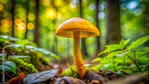 Stunning Golden Scalycap Mushroom Growing on Forest Floor Surrounded by Lush Greenery and Leaves photo