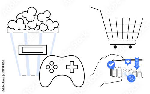 Shopping concept. A popcorn bucket, game controller, shopping cart, and smartphone with shopping icons. Ideal for digital shopping, e-commerce, entertainment, online gaming, and retail promotions