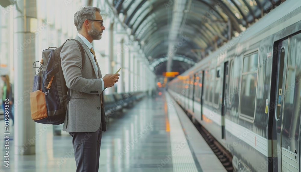 Fototapeta premium Businessman Waiting for Train at Modern Train Station Platform - Professional Travel and Commuting Concept.