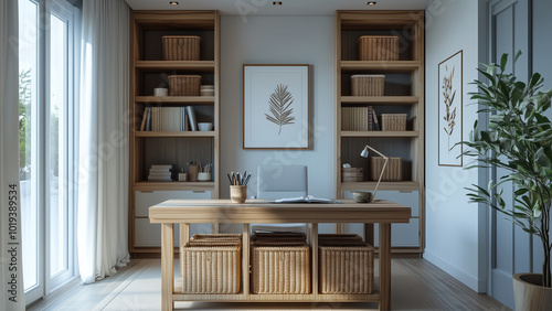 Serene Japandi Home Office with Light Blue Accents and Dark Wood Details