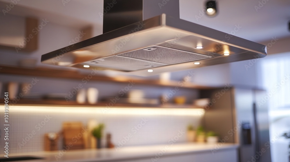 A modern kitchen hood with lights, enhancing functionality and design in a contemporary kitchen. A modern kitchen hood with lights, enhancing functionality and design in a contemporary kitchen.