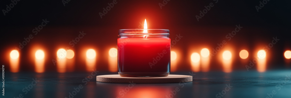 Single red candle burning brightly against a backdrop of soft, warm lights. Single red candle burning brightly against a backdrop of soft, warm lights.