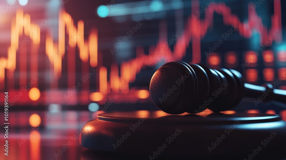 A gavel rests on a surface, with a blurred financial graph in the background.
