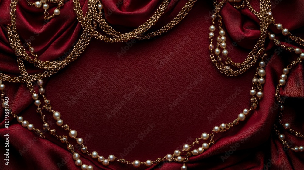 Golden Chains and Pearl Necklaces on Red Silk Fabric