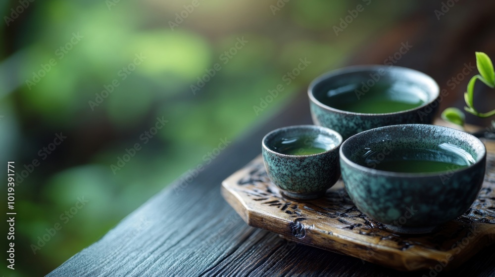 Three Green Tea Cups on a Wooden Tray