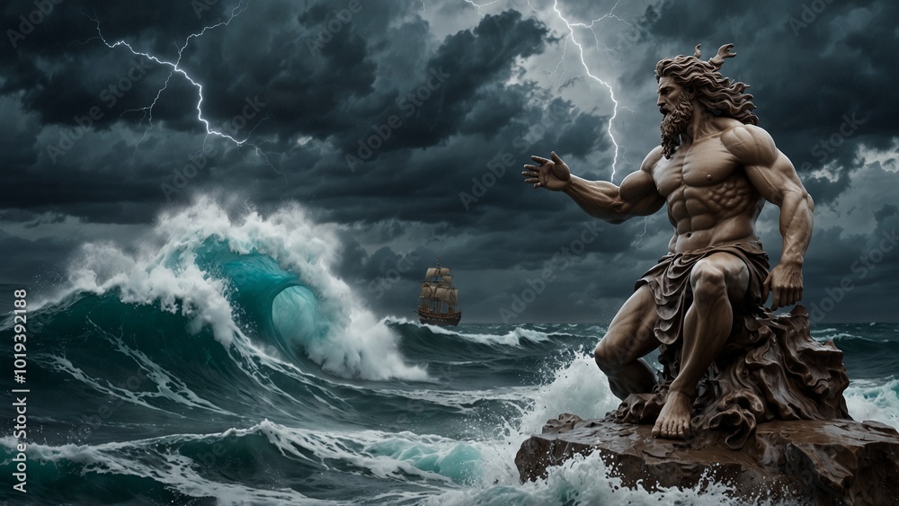Obraz premium Sculpt Poseidon conversing with sea gods in the waves, set against the tumultuous sea and lightning, symbolizing the wisdom and power of the ocean.
