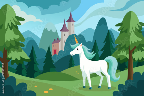  white unicorn in a magic orest near a fairy tale vector art illustration