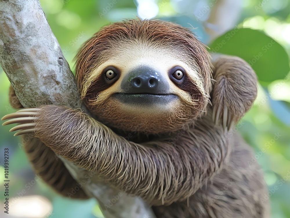 A baby sloth clinging to a tree branch with its claws, looking directly at the camera with a curious expression.