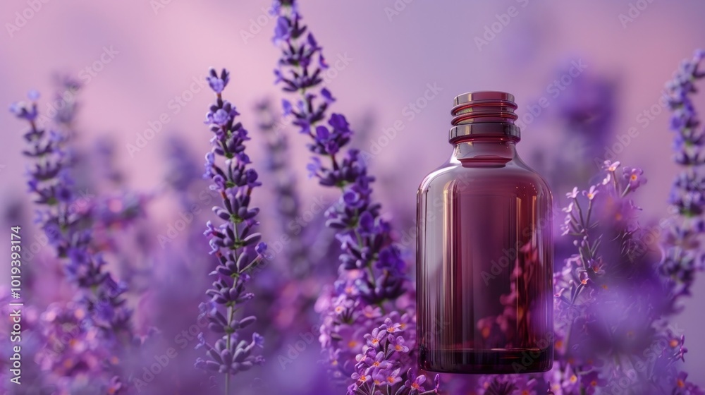 Close up of a glass bottle filled with lavender essential oil surrounded by blossoming purple lavender flowers in a peaceful serene meadow field Concept of natural skincare aromatherapy and wellness Close up of a glass bottle filled with lavender essential oil surrounded by blossoming purple lavender flowers in a peaceful serene meadow field Concept of natural skincare aromatherapy and wellness