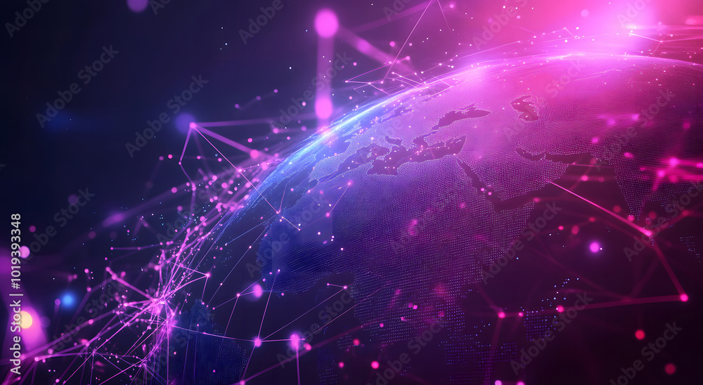 Obraz premium Abstract digital map of the world with global network connections design and glowing light rays on a dark purple background design
