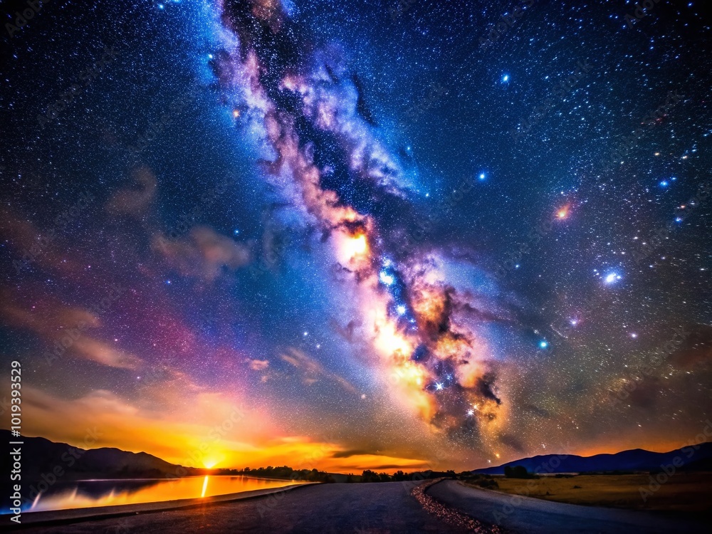 Fototapeta premium Stunning Milky Way Galaxy Overhead with Bright Stars and Cosmic Dust in a Dark Night Sky Landscape