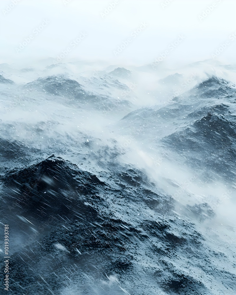 Obraz premium A powerful winter storm whips snow across a mountain range, creating a hazy and ethereal landscape.