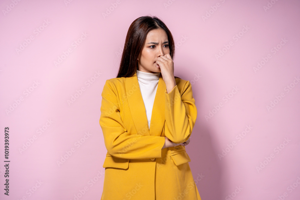 A woman in a yellow jacket is looking away from the camera A woman in a yellow jacket is looking away from the camera