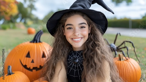 Happy Witch Girl with Pumpkins and Spider for Halloween