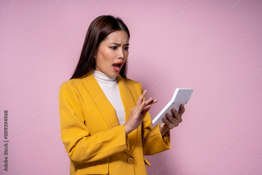 A woman in a yellow jacket is looking at a small white device A woman in a yellow jacket is looking at a small white device