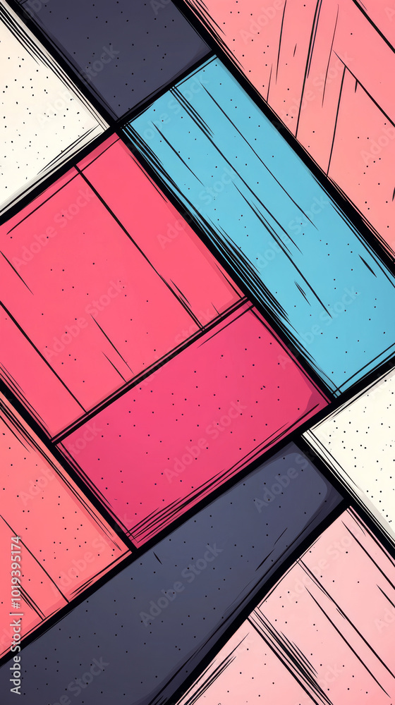 Fototapeta premium Abstract geometric pattern with wood grain texture in various colors.