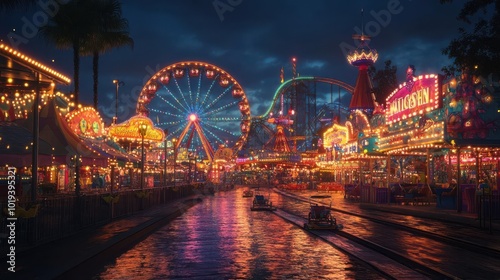Vibrant carnival scene, rides, games, colorful lights at night