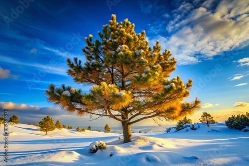 Stunning Pinus Mugo Carstens Wintergold Pine Tree in a Snowy Winter Landscape with Blue Sky photo