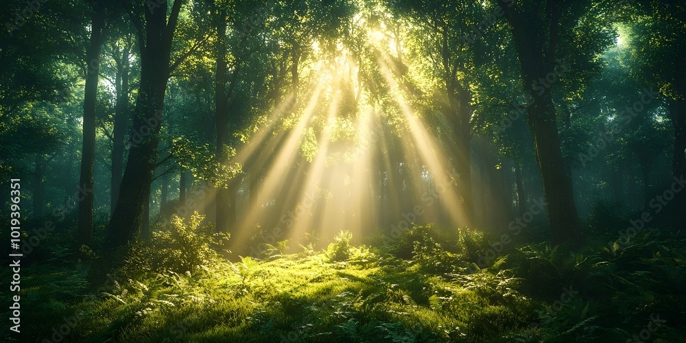 Fototapeta premium Golden sunlight streams through the dense canopy of a lush forest, illuminating the verdant undergrowth.