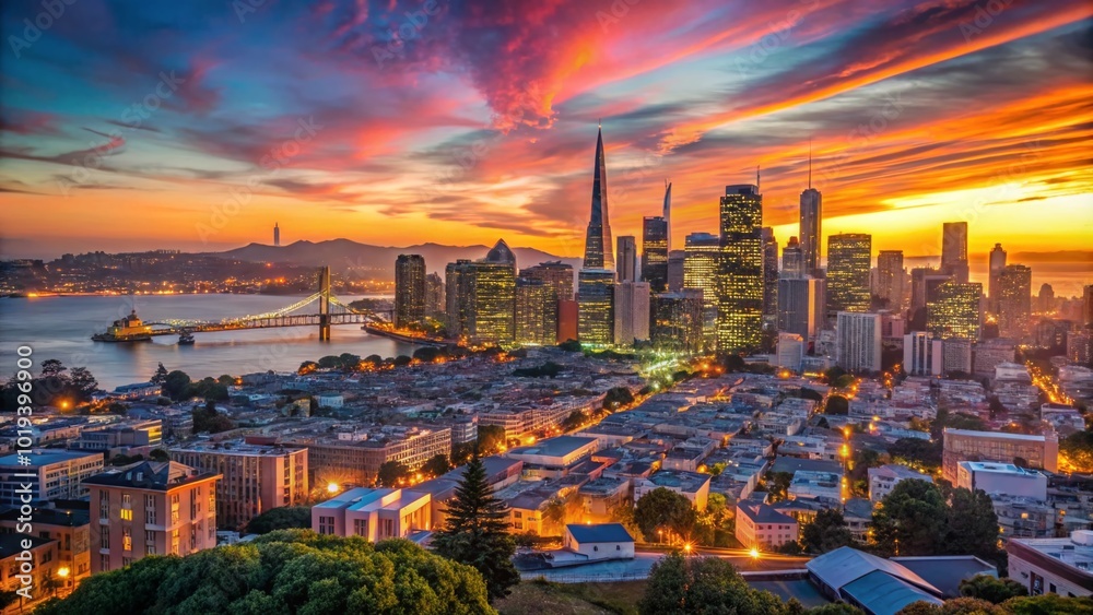 Obraz premium Stunning San Francisco Skyline Silhouette at Dusk with Colorful Sunset and City Lights Reflection