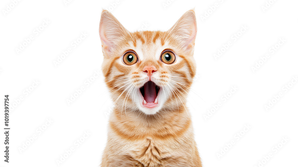 A ginger kitten looks startled with its mouth wide open and surprised expression. A ginger kitten looks startled with its mouth wide open and surprised expression.
