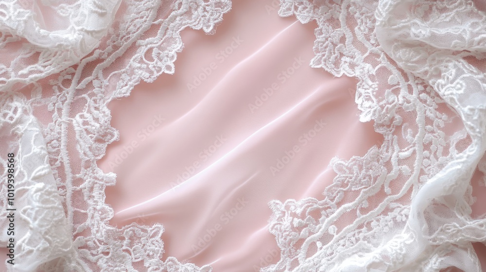 Fototapeta premium Delicate White Lace Bordering Pink Fabric