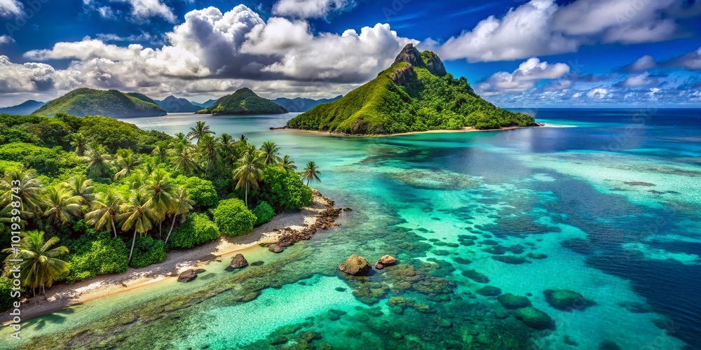 Fototapeta premium Stunning Tropical Islands of Fiji Featuring Crystal Clear Waters and Lush Green Landscapes