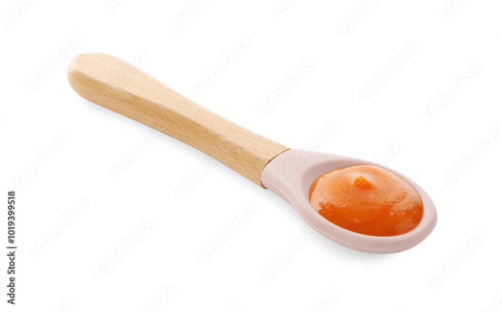 Spoon with tasty baby food isolated on white Spoon with tasty baby food isolated on white