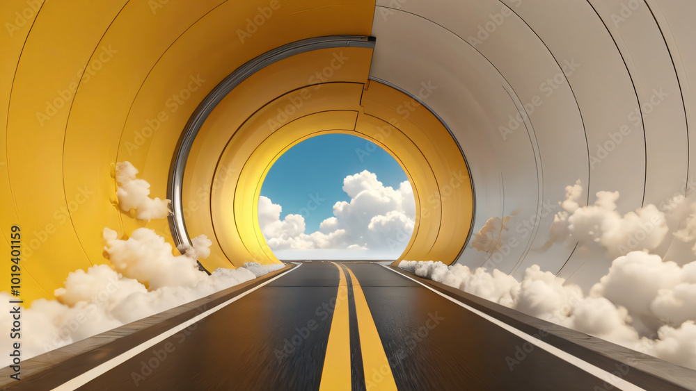 Fototapeta premium 3d render, abstract minimal yellow background with white clouds flying out the tunnel