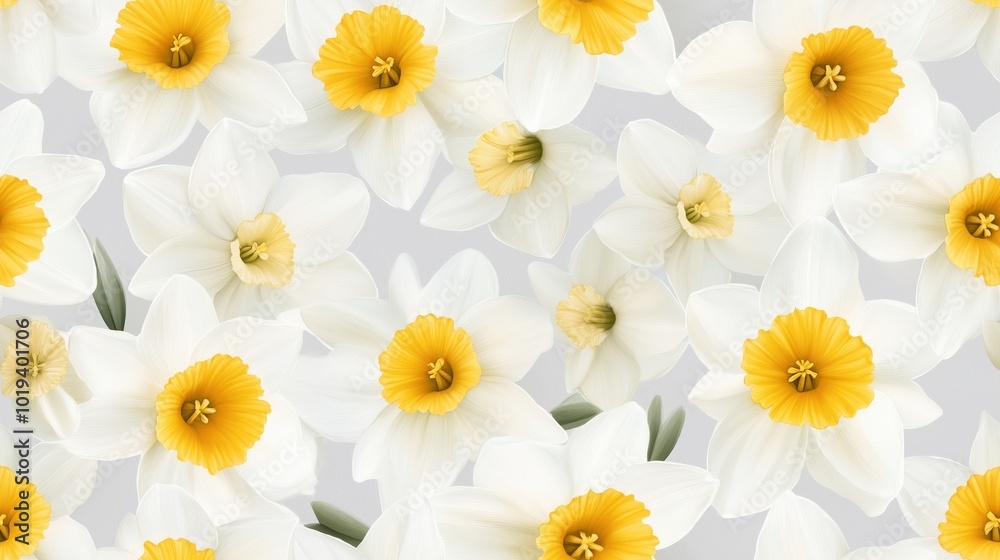Fototapeta premium Vibrant yellow and white daffodil narcissus and other blooming spring flowers in a lush natural background Beautiful floral pattern with delicate petals and soft focus