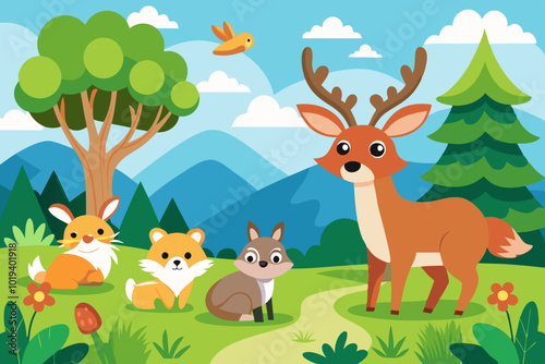  cartoon illustration of wild animals in a spring vector art illustration