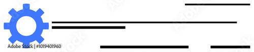 Blue gear on the left with several black horizontal lines of varying lengths, indicating connectivity and flow. Ideal for technology progress engineering systems and automation themes. Minimalist