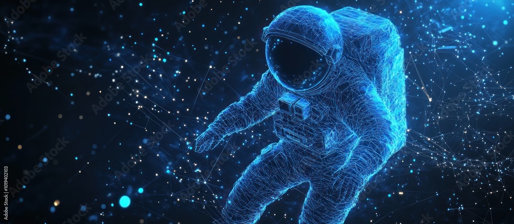 polygonal astronaut in outer space. Blue low poly wireframe cosmos vector polygonal astronaut in outer space. Blue low poly wireframe cosmos vector