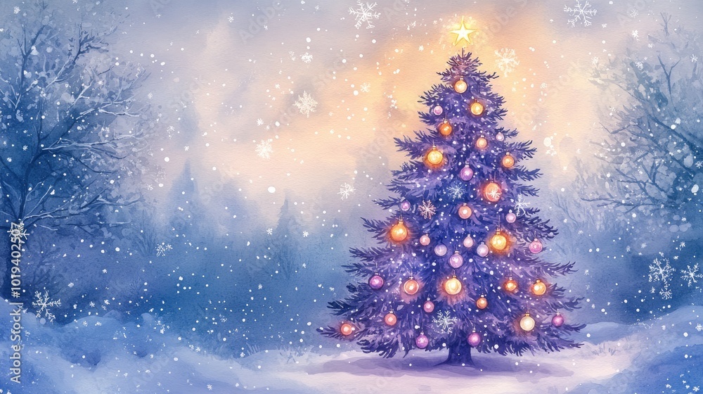 Enchanting Winter Wonderland with Illuminated Christmas Tree and Falling Snowflakes in a Serene Forest Setting Enchanting Winter Wonderland with Illuminated Christmas Tree and Falling Snowflakes in a Serene Forest Setting