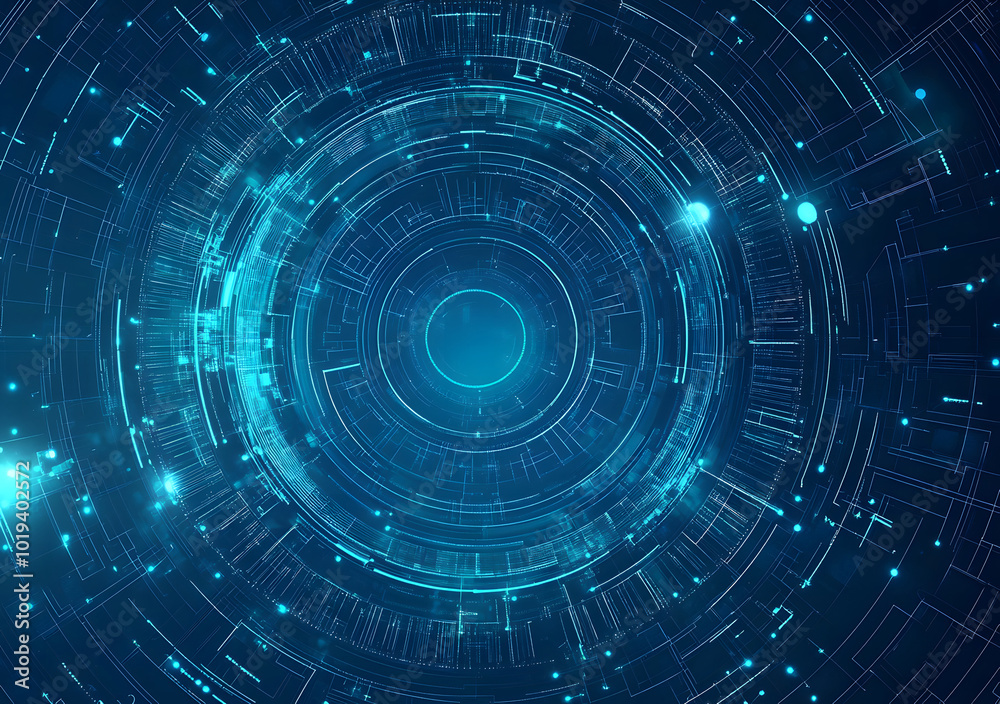 Abstract futuristic blue technology background design with digital elements and circuit board lines in a circular shape design, vector illustration design,