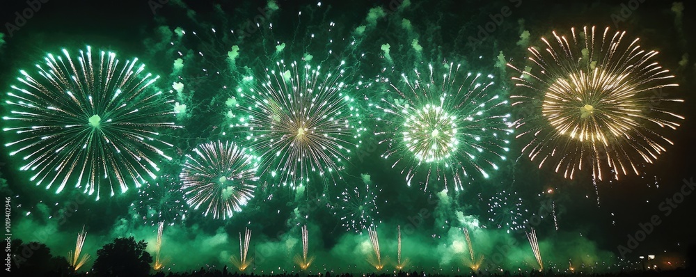 Fototapeta premium Spectacular Green Fireworks Display Illuminating the Night Sky with Vibrant Colors and Patterns